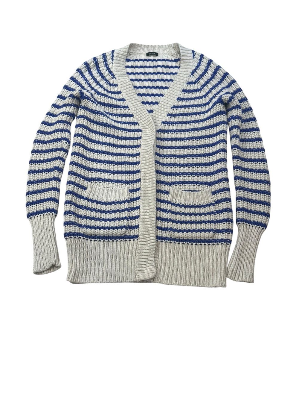 J. Crew Ripplestitch Blue & Cream Striped V-Neck Button Up Cardigan Size Small
